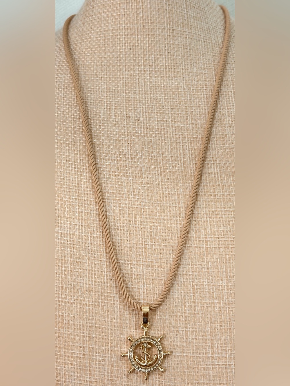 NEW handmade beige braided silk Rope Necklace cord with 18KT plated gold anchor